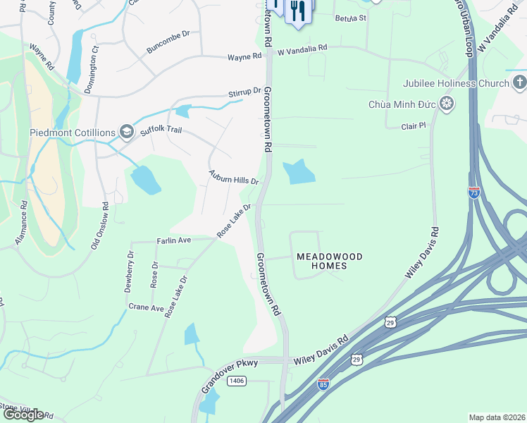 map of restaurants, bars, coffee shops, grocery stores, and more near 4033 Sedgewood Lane in Greensboro