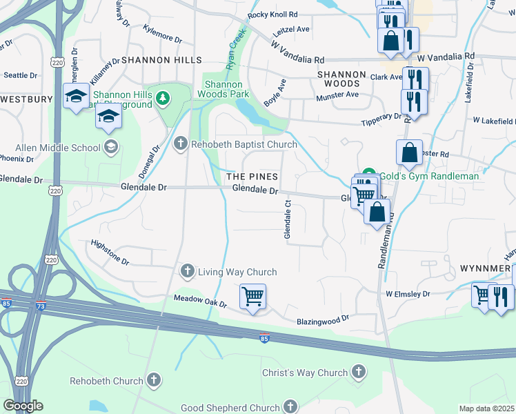 map of restaurants, bars, coffee shops, grocery stores, and more near 812 Banner Oak Court in Greensboro