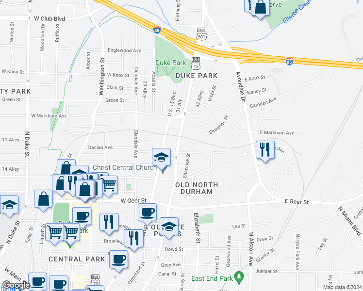map of restaurants, bars, coffee shops, grocery stores, and more near 1510 North Roxboro Street in Durham