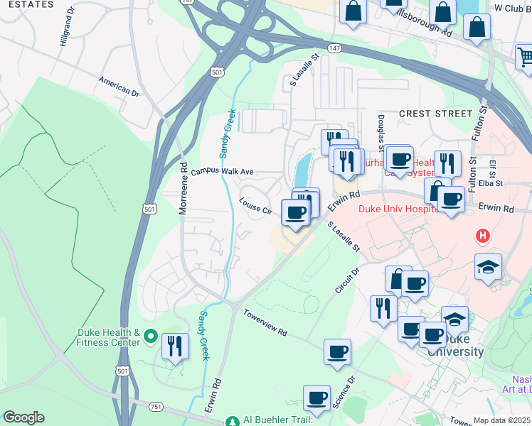 map of restaurants, bars, coffee shops, grocery stores, and more near 852 Louise Circle in Durham