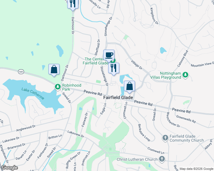 map of restaurants, bars, coffee shops, grocery stores, and more near 21 Wilshire Heights Drive in Crossville