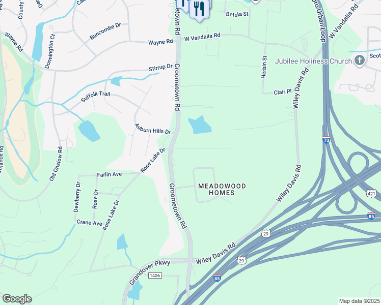 map of restaurants, bars, coffee shops, grocery stores, and more near 4025 Sedgewood Lane in Greensboro