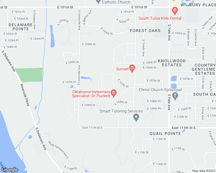 map of restaurants, bars, coffee shops, grocery stores, and more near 4015 East 108th Street South in Tulsa