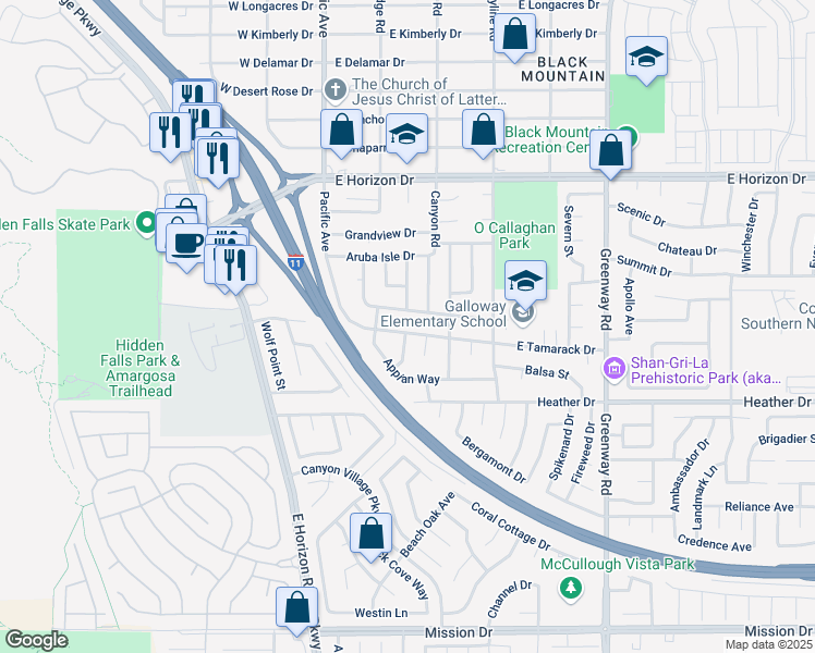 map of restaurants, bars, coffee shops, grocery stores, and more near 131 East Tamarack Drive in Henderson