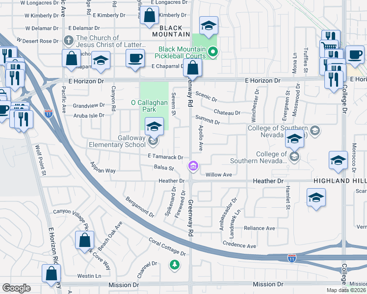 map of restaurants, bars, coffee shops, grocery stores, and more near 382 Summer Creek Court in Henderson