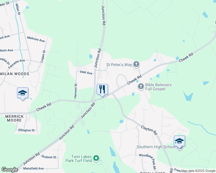 map of restaurants, bars, coffee shops, grocery stores, and more near 2821 Cheek Road in Durham