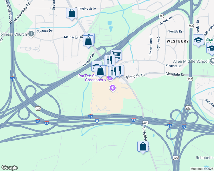 map of restaurants, bars, coffee shops, grocery stores, and more near 3728 South Holden Road in Greensboro