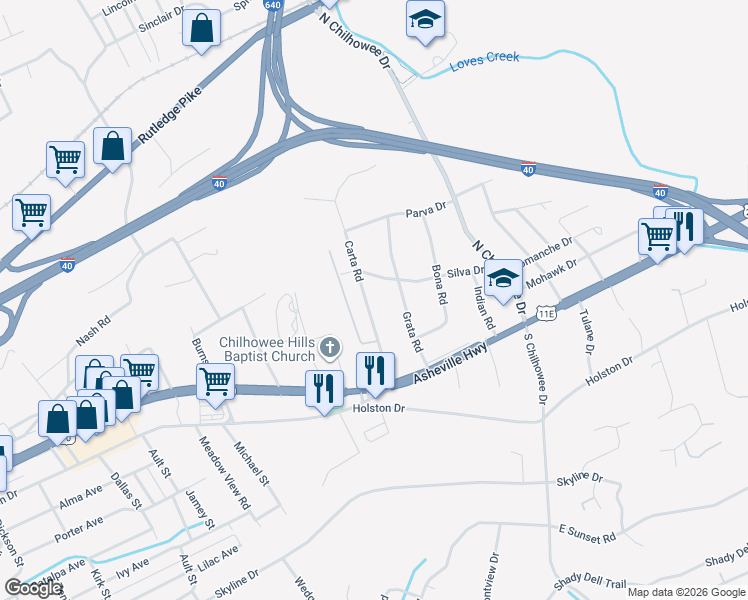 map of restaurants, bars, coffee shops, grocery stores, and more near 217 Carta Road in Knoxville
