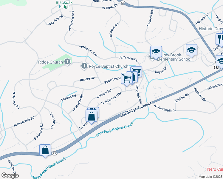 map of restaurants, bars, coffee shops, grocery stores, and more near 140 Latimer Road in Oak Ridge