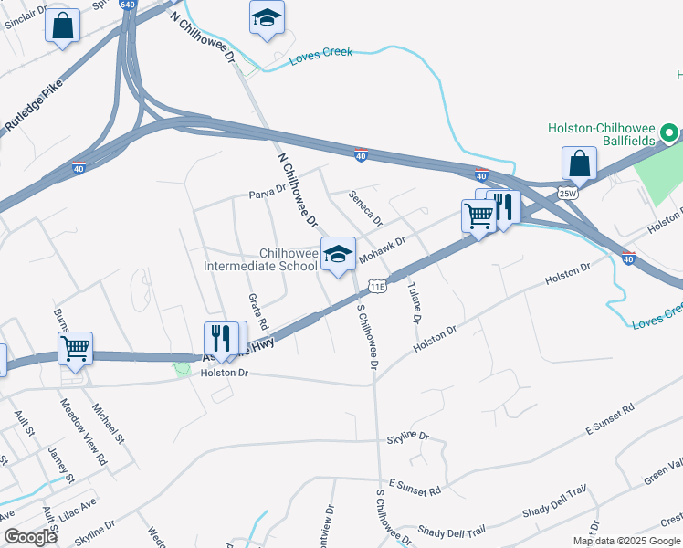 map of restaurants, bars, coffee shops, grocery stores, and more near 5005 Asheville Highway in Knoxville