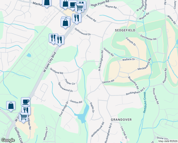 map of restaurants, bars, coffee shops, grocery stores, and more near 3404 North Rockingham Road in Greensboro