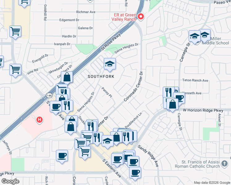 map of restaurants, bars, coffee shops, grocery stores, and more near 689 Brandy Hill Place in Henderson
