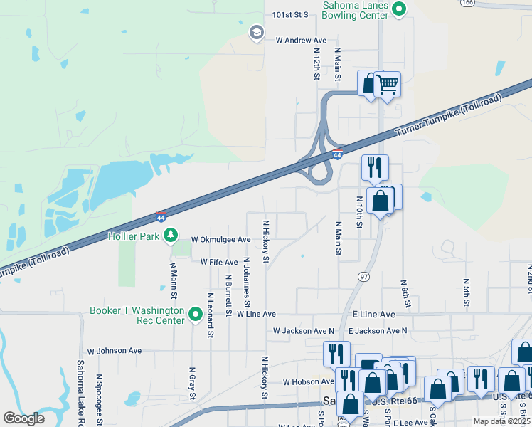 map of restaurants, bars, coffee shops, grocery stores, and more near 405 West Muskogee Avenue in Sapulpa
