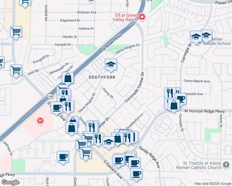 map of restaurants, bars, coffee shops, grocery stores, and more near 689 Brandy Hill Place in Henderson
