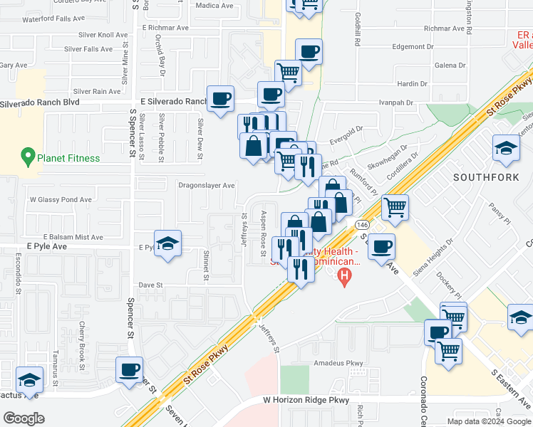 map of restaurants, bars, coffee shops, grocery stores, and more near 9996 Aspen Rose Street in Las Vegas