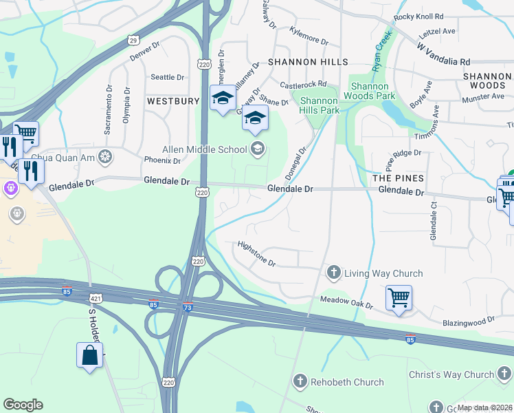 map of restaurants, bars, coffee shops, grocery stores, and more near 1019 Glendale Dr in Greensboro