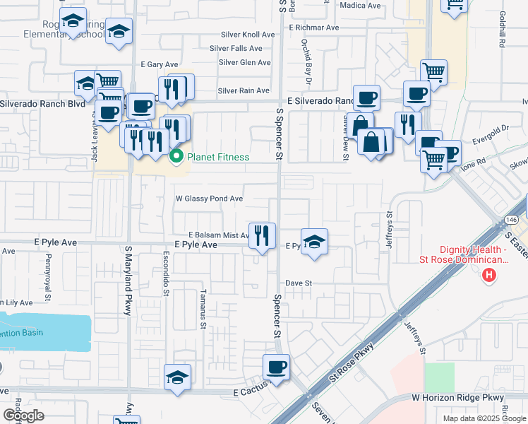 map of restaurants, bars, coffee shops, grocery stores, and more near 1725 Rugged Ravine Court in Las Vegas