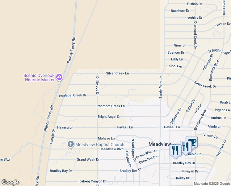 map of restaurants, bars, coffee shops, grocery stores, and more near 545 Hualapai Creek Drive in Meadview