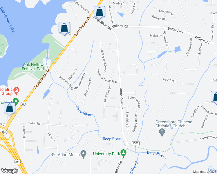 map of restaurants, bars, coffee shops, grocery stores, and more near 2689 Dandelion Drive in High Point