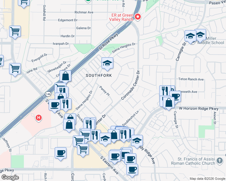 map of restaurants, bars, coffee shops, grocery stores, and more near 695 Brandy Hill Place in Henderson