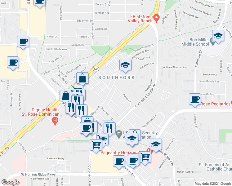map of restaurants, bars, coffee shops, grocery stores, and more near 2687 Park Creek Lane in Henderson