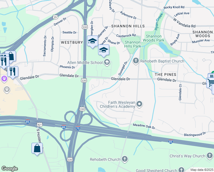 map of restaurants, bars, coffee shops, grocery stores, and more near 1019 Glendale Drive in Greensboro