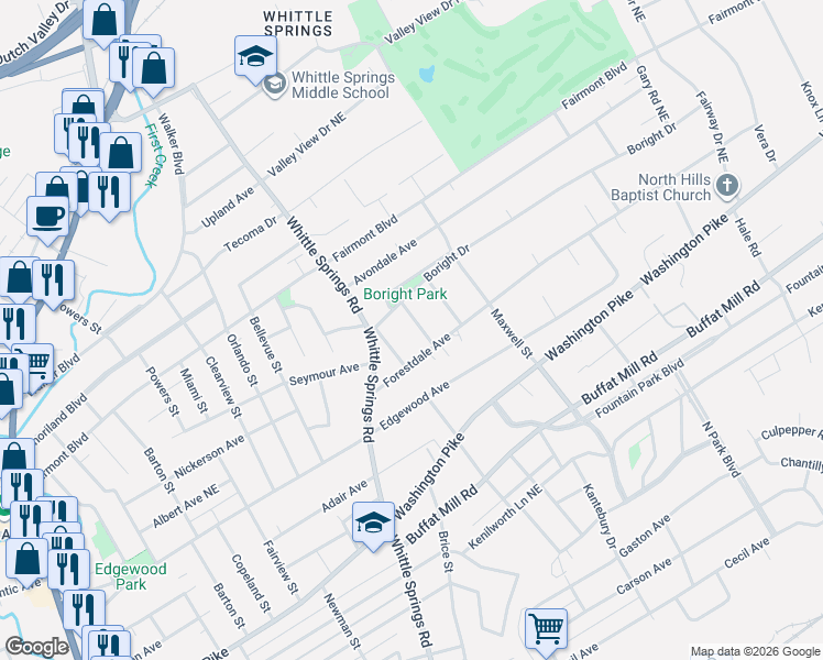 map of restaurants, bars, coffee shops, grocery stores, and more near 3114 McNutt Street in Knoxville
