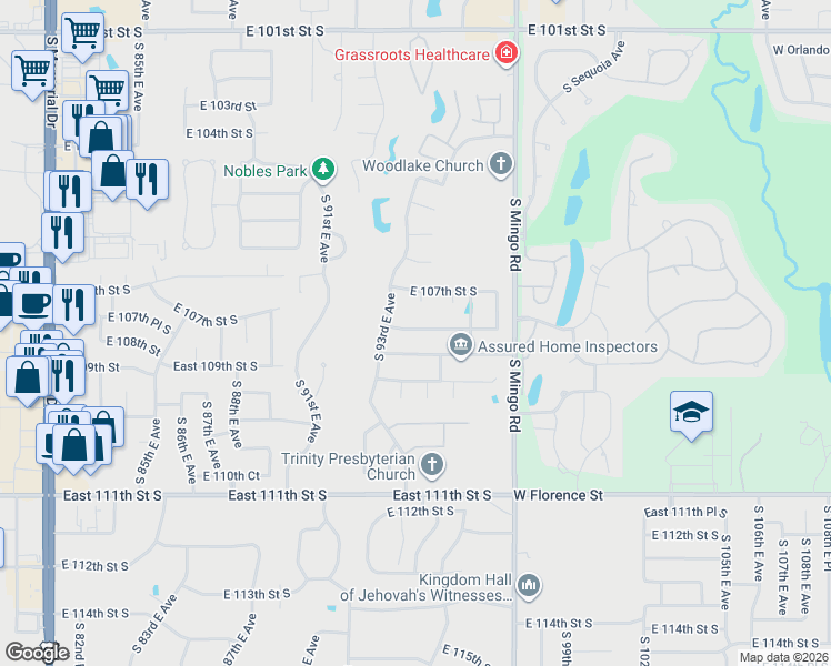 map of restaurants, bars, coffee shops, grocery stores, and more near 9409 East 108th Street South in Tulsa