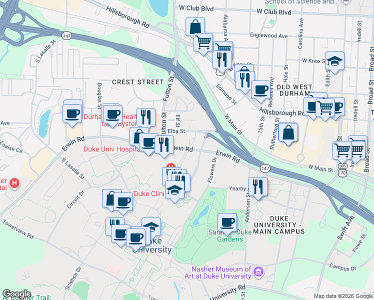 map of restaurants, bars, coffee shops, grocery stores, and more near in Durham