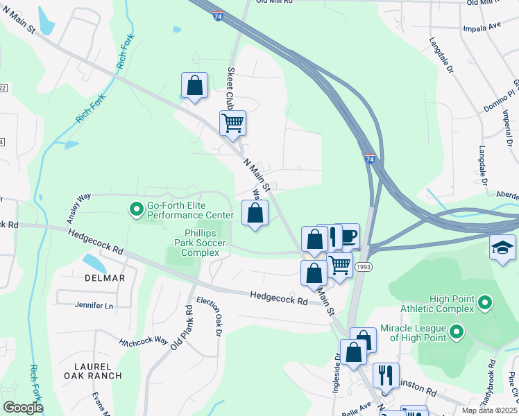 map of restaurants, bars, coffee shops, grocery stores, and more near 3623 Walden Lane in High Point