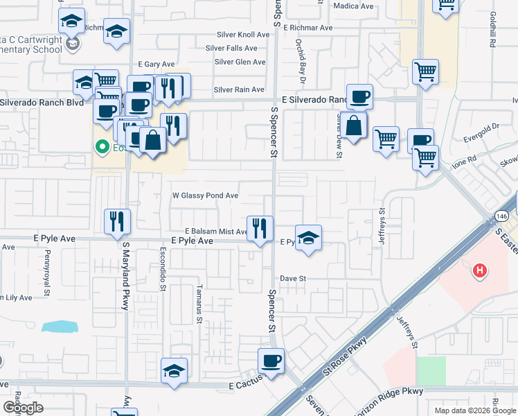 map of restaurants, bars, coffee shops, grocery stores, and more near 1725 Rugged Ravine Court in Las Vegas