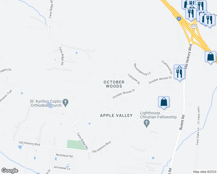map of restaurants, bars, coffee shops, grocery stores, and more near 7136 Smokey Hill Road in Nashville