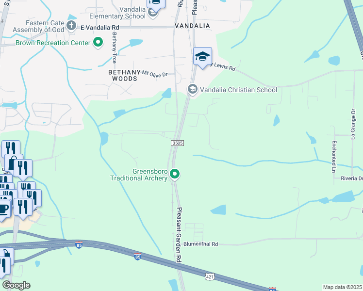 map of restaurants, bars, coffee shops, grocery stores, and more near 4105 Pleasant Garden Road in Greensboro
