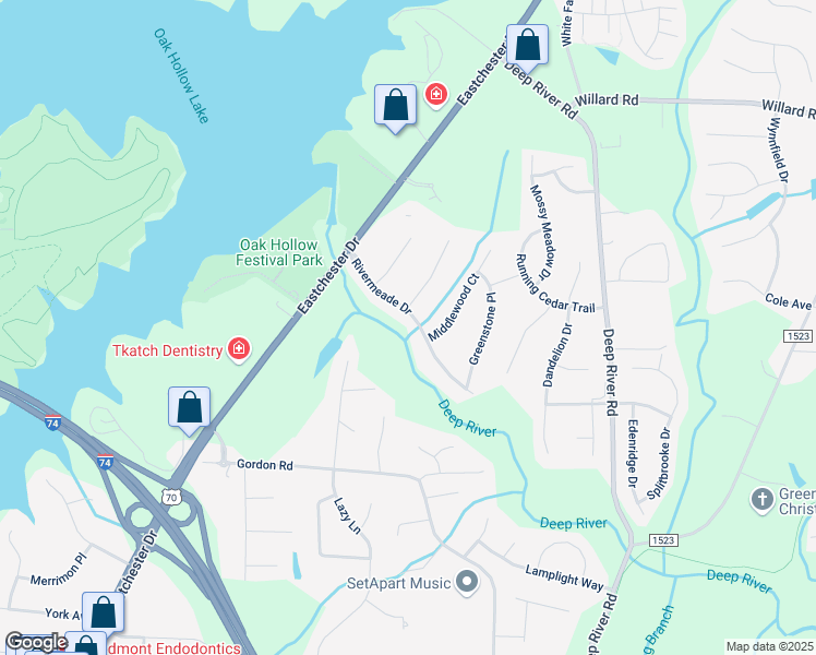 map of restaurants, bars, coffee shops, grocery stores, and more near 2133 Rivermeade Drive in High Point