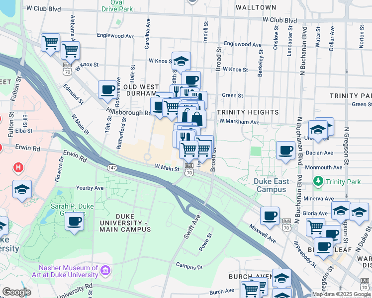 map of restaurants, bars, coffee shops, grocery stores, and more near 705 9th Street in Durham