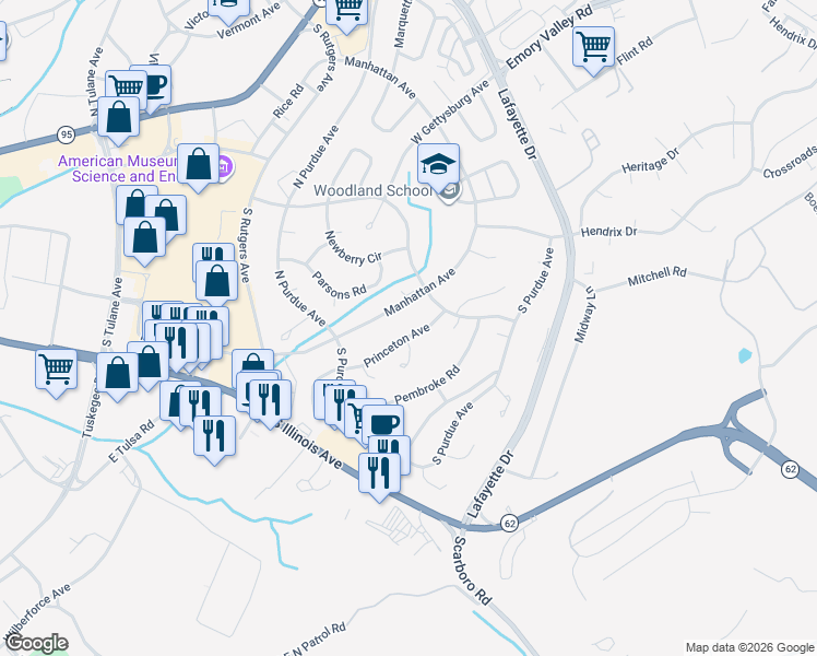 map of restaurants, bars, coffee shops, grocery stores, and more near 125 Princeton Avenue in Oak Ridge