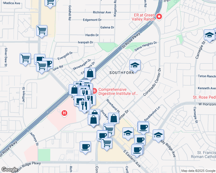 map of restaurants, bars, coffee shops, grocery stores, and more near 525 Siberia Street in Henderson