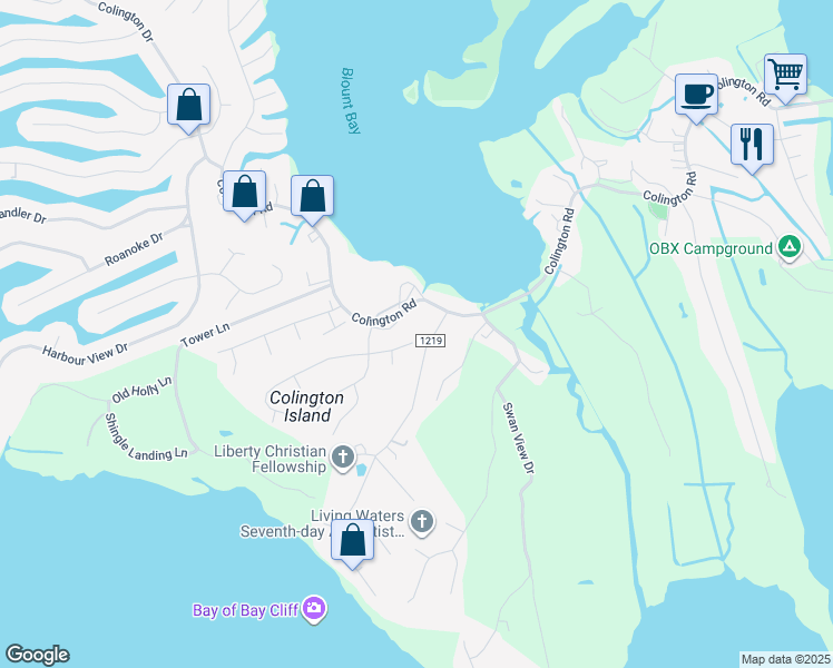 map of restaurants, bars, coffee shops, grocery stores, and more near 115 E Swan Ct in Kill Devil Hills