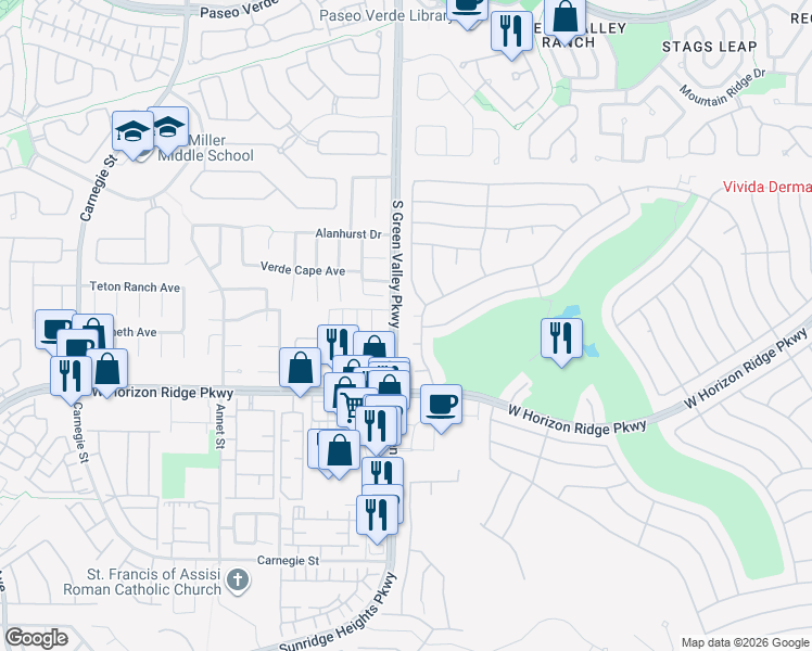 map of restaurants, bars, coffee shops, grocery stores, and more near 493 Pine Trace Court in Henderson