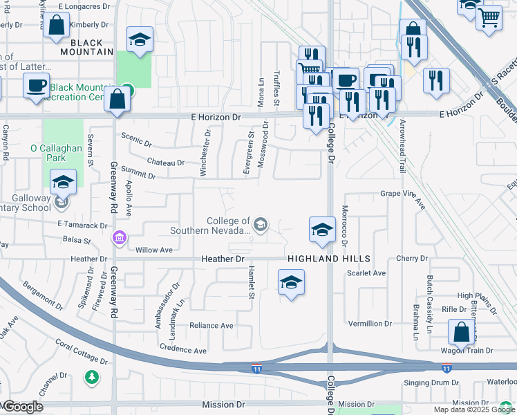 map of restaurants, bars, coffee shops, grocery stores, and more near 700 College Drive in Henderson