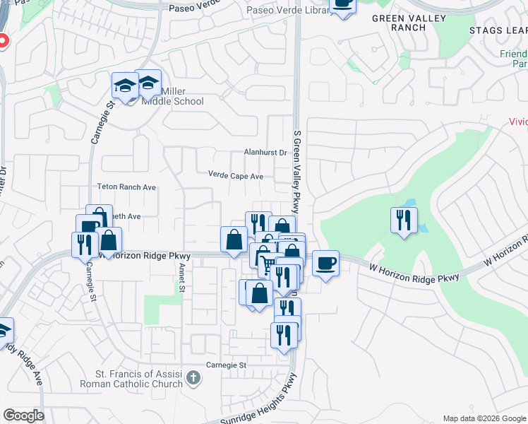 map of restaurants, bars, coffee shops, grocery stores, and more near 544 Teovani Street in Henderson
