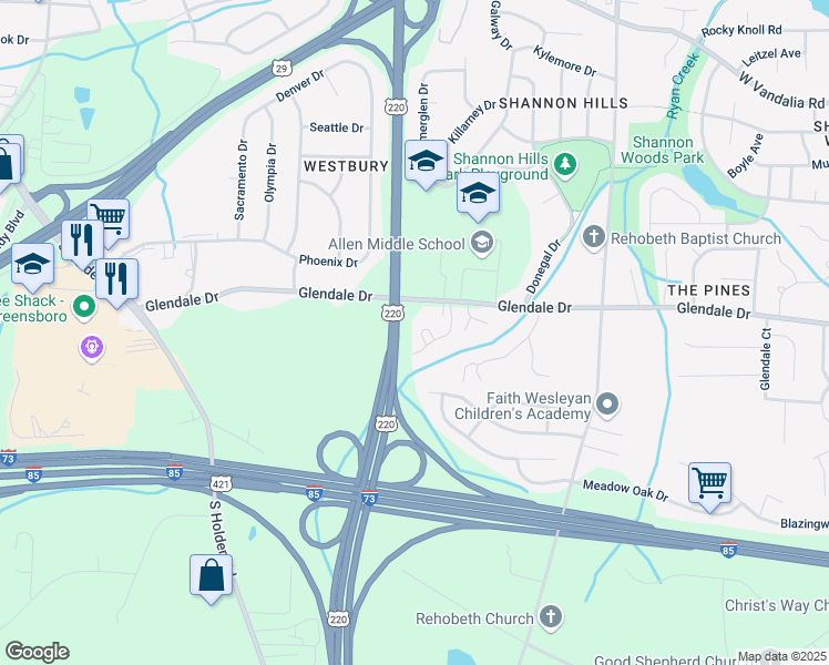 map of restaurants, bars, coffee shops, grocery stores, and more near 1133 Glendale Drive in Greensboro