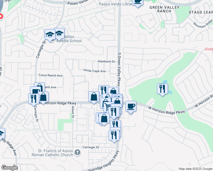 map of restaurants, bars, coffee shops, grocery stores, and more near 544 Teovani Street in Henderson