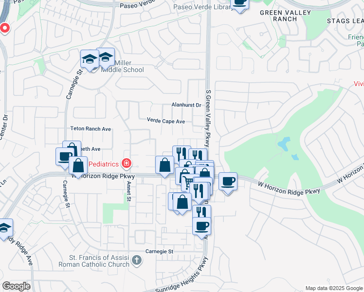 map of restaurants, bars, coffee shops, grocery stores, and more near 545 Teovani Street in Henderson