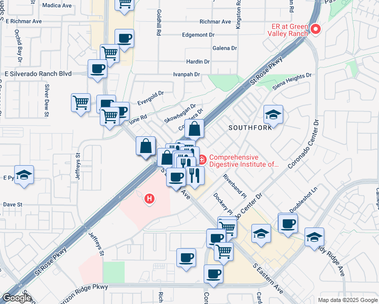 map of restaurants, bars, coffee shops, grocery stores, and more near 2875 St Rose Pkwy in Henderson