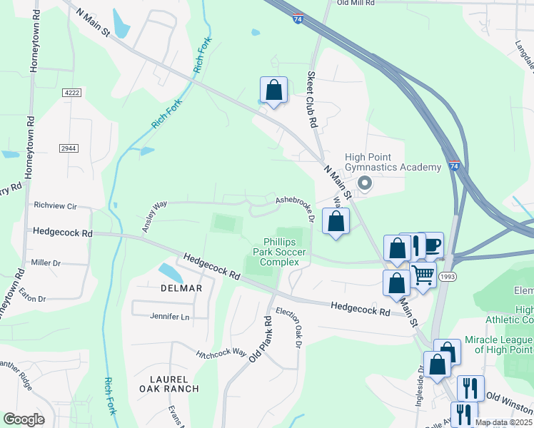 map of restaurants, bars, coffee shops, grocery stores, and more near Sandybrooke Drive in High Point
