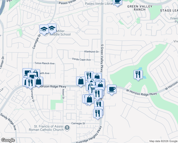 map of restaurants, bars, coffee shops, grocery stores, and more near 595 South Green Valley Parkway in Henderson