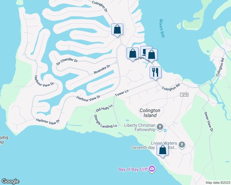 map of restaurants, bars, coffee shops, grocery stores, and more near 437 Harbour View Drive in Kill Devil Hills