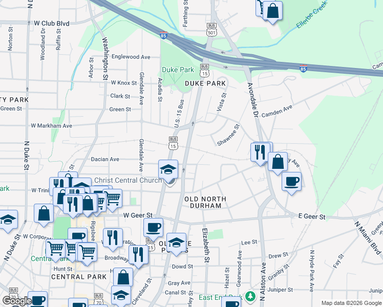 map of restaurants, bars, coffee shops, grocery stores, and more near 113 East Lynch Street in Durham
