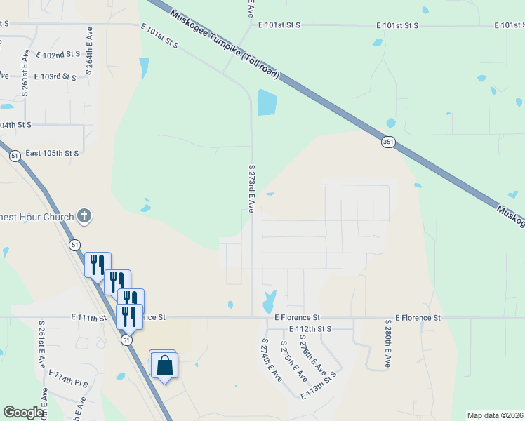 map of restaurants, bars, coffee shops, grocery stores, and more near 10685 South 273rd East Avenue in Coweta